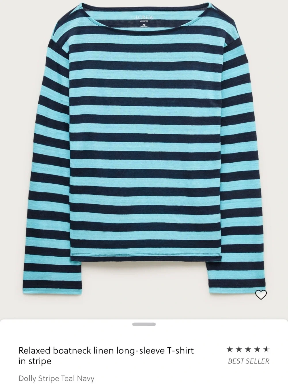 J. Crew relaxed bostneck linen long sleeve Dolly stripe teal navy